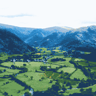Pixel-art plate of the Borrowdale valley in the Lake District, over which designation layers accumulate: the National Park point, the wooded SAC, SSSI and National Nature Reserve flanks, an ancient woodland parcel, and the River Derwent SAC