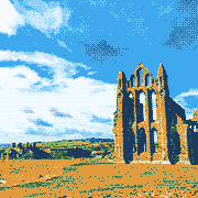Pixel-art plate of Whitby Abbey ruins against an open sky