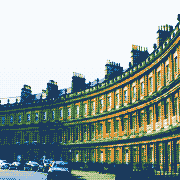 Pixel-art plate of a curved Georgian terrace in Bath