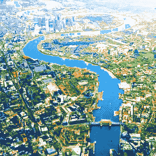 Pixel-art aerial plate of the Thames from Tower Bridge to the Isle of Dogs, printed in the house survey-map palette