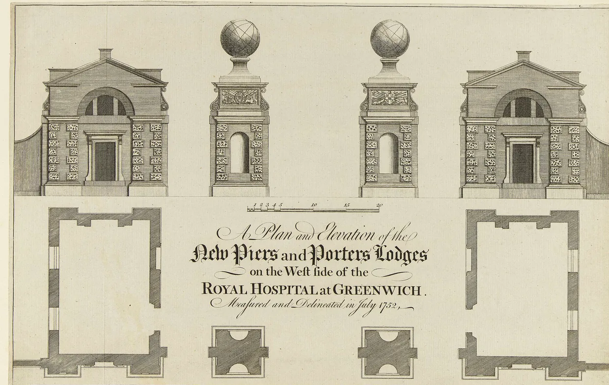 Engraved plan and elevation sheet for the new piers and porters' lodges at the Royal Hospital, Greenwich, measured and delineated in July 1752